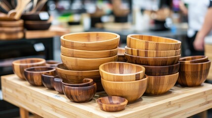 Fototapeta premium Collection of Wooden Bowls in Various Sizes for Kitchen Use