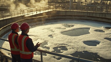 Two engineers inspect a wastewater treatment plant.