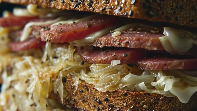 Delicious sandwich made with layers of corned beef, sauerkraut, and rye bread displayed in a close-up view