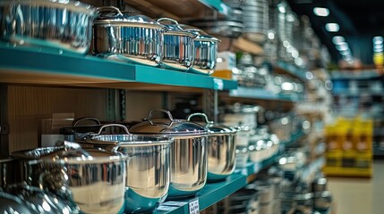 Stainless Steel Cookware in Kitchenware Store Aisle