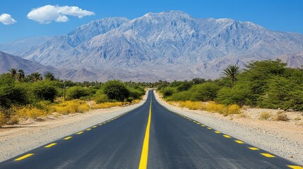 Naklejka premium Scenic Highway Stretching Toward Majestic Mountains with Clear Blue Sky and Lush Vegetation Alongside the Road in a Desert Landscape