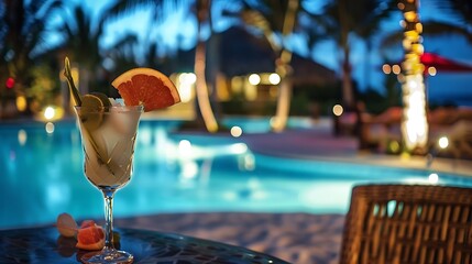 Cocktails the beachside swimming pool bar perfect for a travel vacation with a lively poolside night party under the stars and a beach bar offering tropical beverages