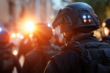 A group of police officers in tactical gear are silhouetted against a dramatic sunset, emphasizing their readiness and determination in securing safety and order in the urban environment.