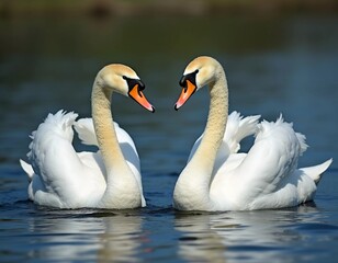 Obraz premium Two beautiful swans swim together in tranquil water, reflecting their graceful forms as morning light. Swans Cygnus are a genus of birds from order Anseriformes of the duck family. Generative AI