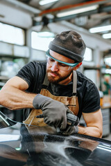 Auto body technician precisely aligning a dented fender using specialized tools, focused expression visible