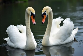 Two beautiful swans swim together in tranquil water, reflecting their graceful forms as morning light. Swans Cygnus are a genus of birds from order Anseriformes of the duck family. Generative AI