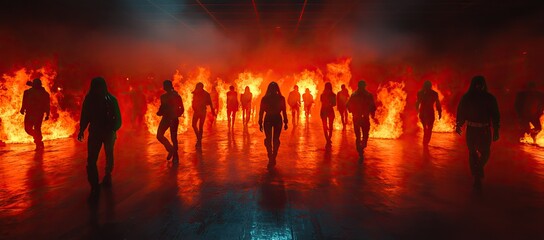 Fototapeta premium A dramatic scene of silhouetted figures walking through flames in a dark environment.