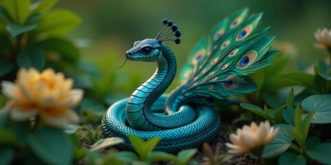 Fototapeta premium Vibrant mythical creature combining peacock and snake elements in a lush garden setting