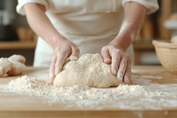 Hands kneading dough on a floured wooden surface