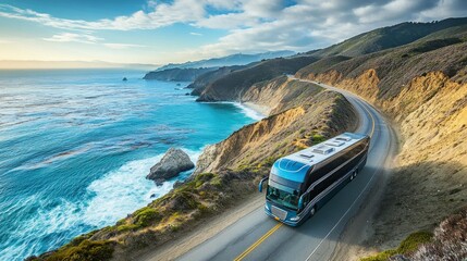 Scenic coastal highway with a luxury tour bus driving along a winding road overlooking the ocean.