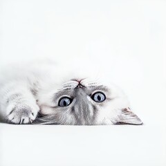 Fototapeta premium A sweet young adult solid blue British Shorthair cat kitten is lying down in a front view, with one paw hanging over the edge, staring at the camera with orange eyes, isolated on a white background.