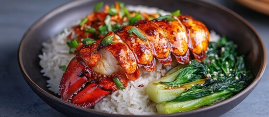 Sweet and spicy glazed lobster tail served with jasmine rice and steamed bok choy 