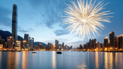 Fototapeta premium Stunning city skyline with fireworks over water at twilight