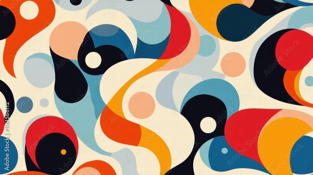 Fototapete Colorful retro inspired pattern featuring spirals and curved lines in a vibrant 70s color palette. Generative AI
