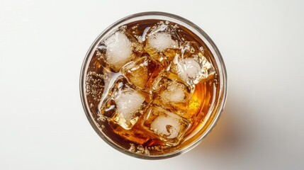 Top view of iced brown drink in a glass.