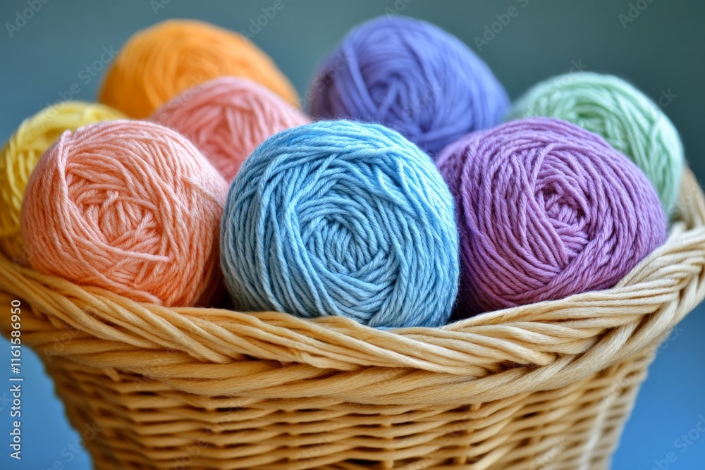 Poster colorful yarn balls arranged in a basket create a vibrant display for crafting enthusiasts