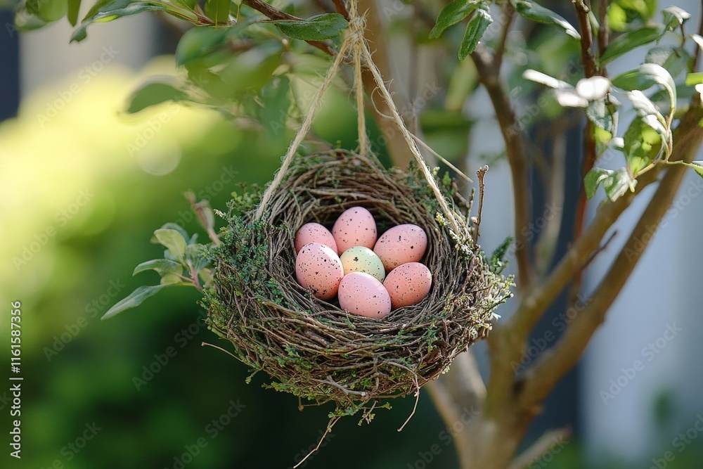 Poster beautiful bird nest filled with speckled eggs hanging on a tree branch in a sunny garden