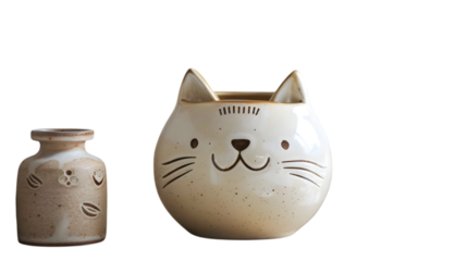 Charming ceramic jar with a cat face, perfect for decor or storage. 