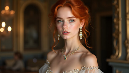 Portrait of a beautiful red-haired woman with blue eyes, an aristocrat dressed in an evening gown