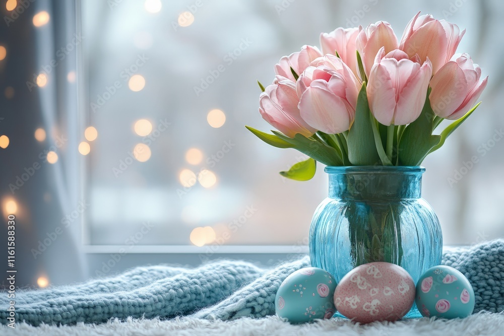 Aufkleber spring tulip bouquet in a blue vase with pastel easter eggs on a soft blanket by a window