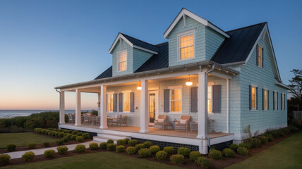 Charming coastal home with a turquoise facade, warm lights glowing from windows, and a welcoming porch, set against a serene twilight beach backdrop.