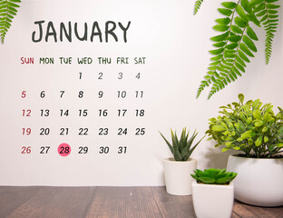 Wooden block calendar with date january 28 on wooden background.