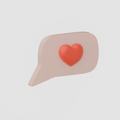 3d social media love heart bubble render - message red heart for ig blog, chat and network speech on mobile phone