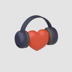 The heart listens to music with headphones. Isolated rendering of an illustration on a white background