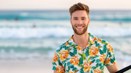 A joyful surfer strolls along the beach at sunset, clad in a colorful Hawaiian tshirt with a surfboard in hand.