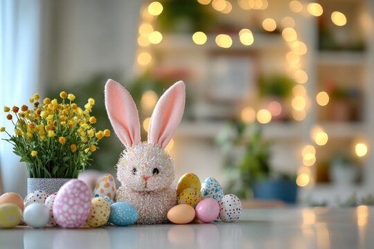 Colorful Easter decorations featuring a bunny figure surrounded by eggs and flowers in a bright setting