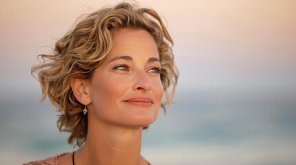 A stunning portrait of a blond woman exuding poise and grace, capturing her middleaged elegance effortlessly.