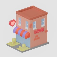 Obraz premium a store with a heart-shaped sign. cartoon building in the style of 3D rendering illustrations