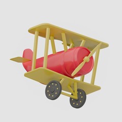 A red, yellow and blue cartoon airplane is flying on a white background. A propeller Toy airplane. An illustration of a colorful airplane. 3d rendering illustration