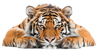 Fototapeta premium Stunning tiger on pure white background, showcasing its grace and strength in a captivating pose. A true marvel of nature.