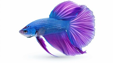 A stunning purple betta fish showcases vibrant hues, gracefully swimming against a  white backdrop.