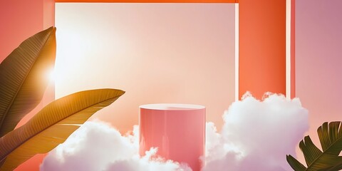 Pink product display on clouds with tropical leaves, sunny backdrop. Feminine aesthetic.