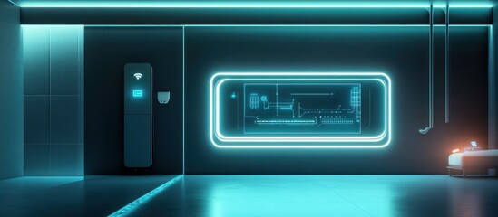 Obraz premium Futuristic home energy storage battery wall with glowing interface, clean and modern home background, eco-friendly design, 
