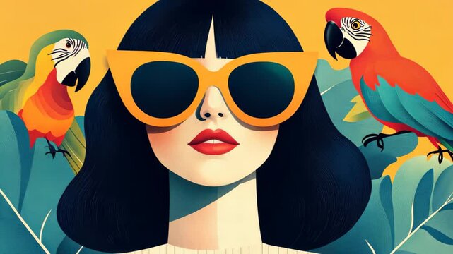 A vibrant abstract collage featuring a stylish woman in big sunglasses surrounded by colorful parrots in retro s flair.