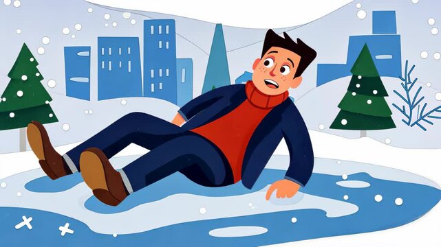 A cartoon man slips on ice in a winter scene, showcasing the everyday struggles of winter weather and urban life.