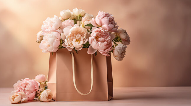 Elegant pink peonies in a gift bag. Perfect for Mother's Day or any special occasion.