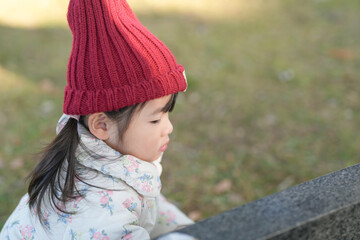 A 3-year-old Japanese girl wearing a red knit hat and white down jacket walks with fallen leaves on a cold winter afternoon in a park in Hakata, Fukuoka Prefecture.