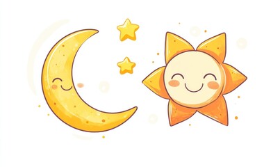 Cute cartoon sun and moon characters.
