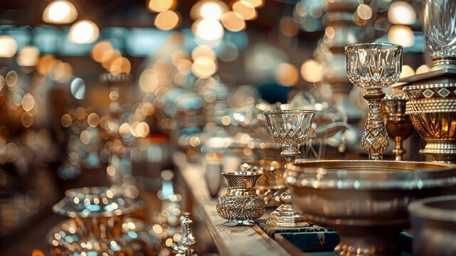 Faintly blurred images of secondhand treasures and curious trinkets at the indoor flea market.