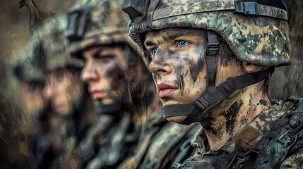 Fototapeta premium Within the realm of expressionism, military personnel in training exercises are portrayed with visceral intensity. Vesperal. Illustration