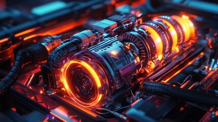 Futuristic stock car engine with neon-lit components, cyberpunk aesthetics, glowing energy core,