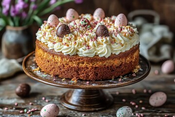 Easter cake adorned with chocolate eggs and pastel sprinkles on a rustic table