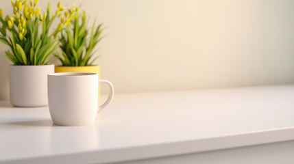 Minimalist Kitchen Countertop with White Coffee Mug and Yellow Flowers in Soft Natural Light