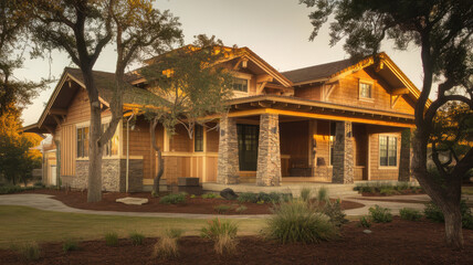 Obraz premium Charming wooden bungalow with stone accents and a welcoming porch, nestled in a serene landscape at golden hour.