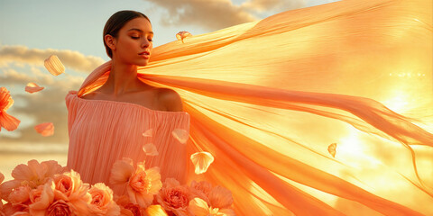 Woman in peach dress with flowing fabric, bathed in golden sunlight. Feminine beauty and summer vibes.