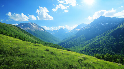 Fototapeta premium Majestic mountain landscape under bright blue sky, natural beauty